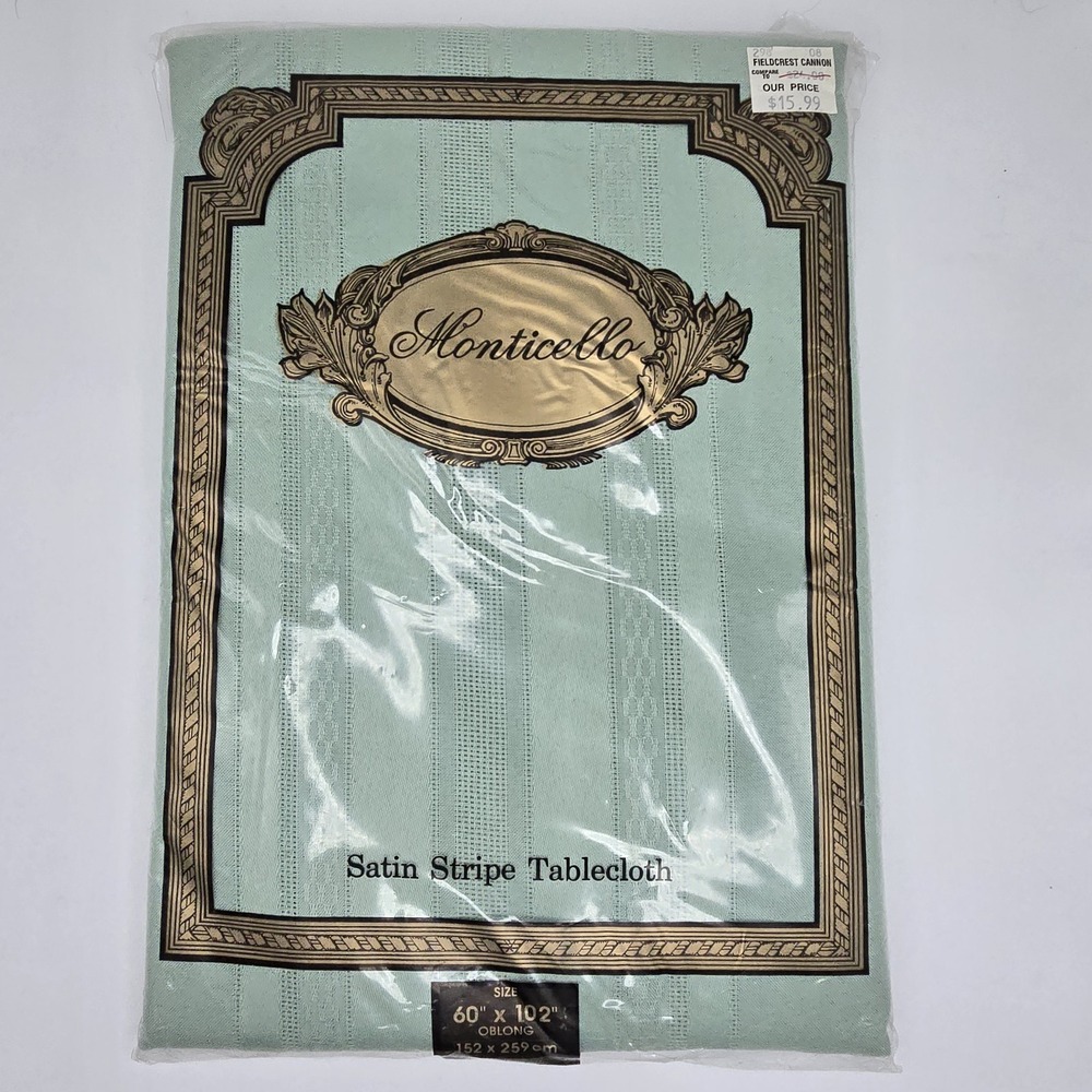 Vtg Monticello Satin Stripe Tablecloth 60x102 Oblong Sage Green MCM Cottagecore